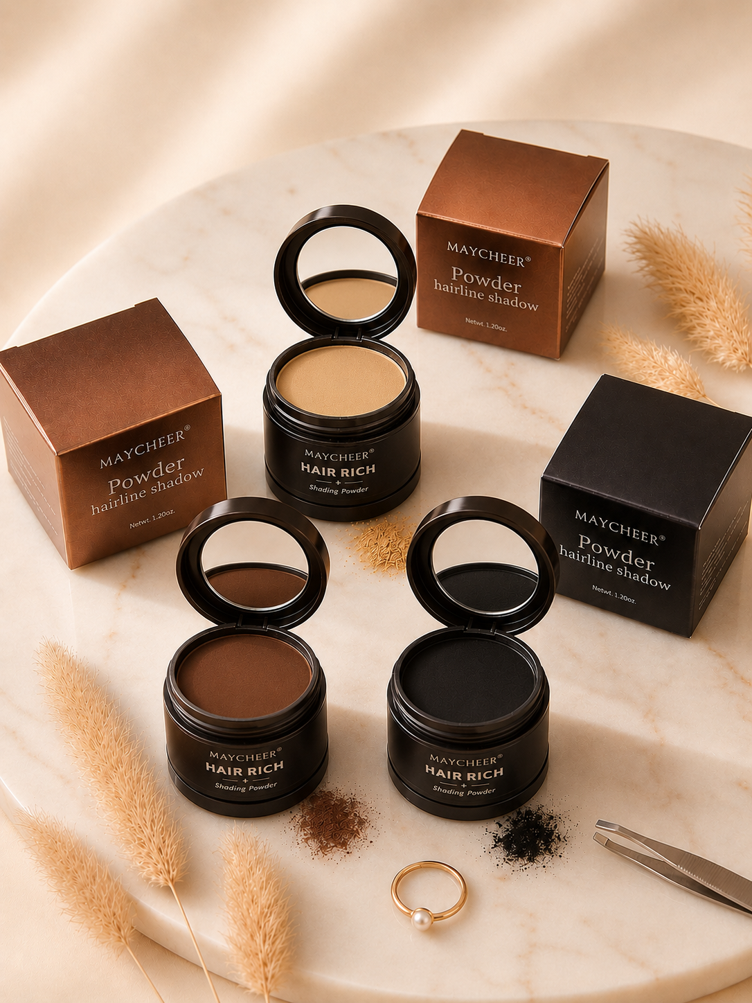 Trois pots de poudre densifiante MAYCHEER ouverts dans différentes teintes