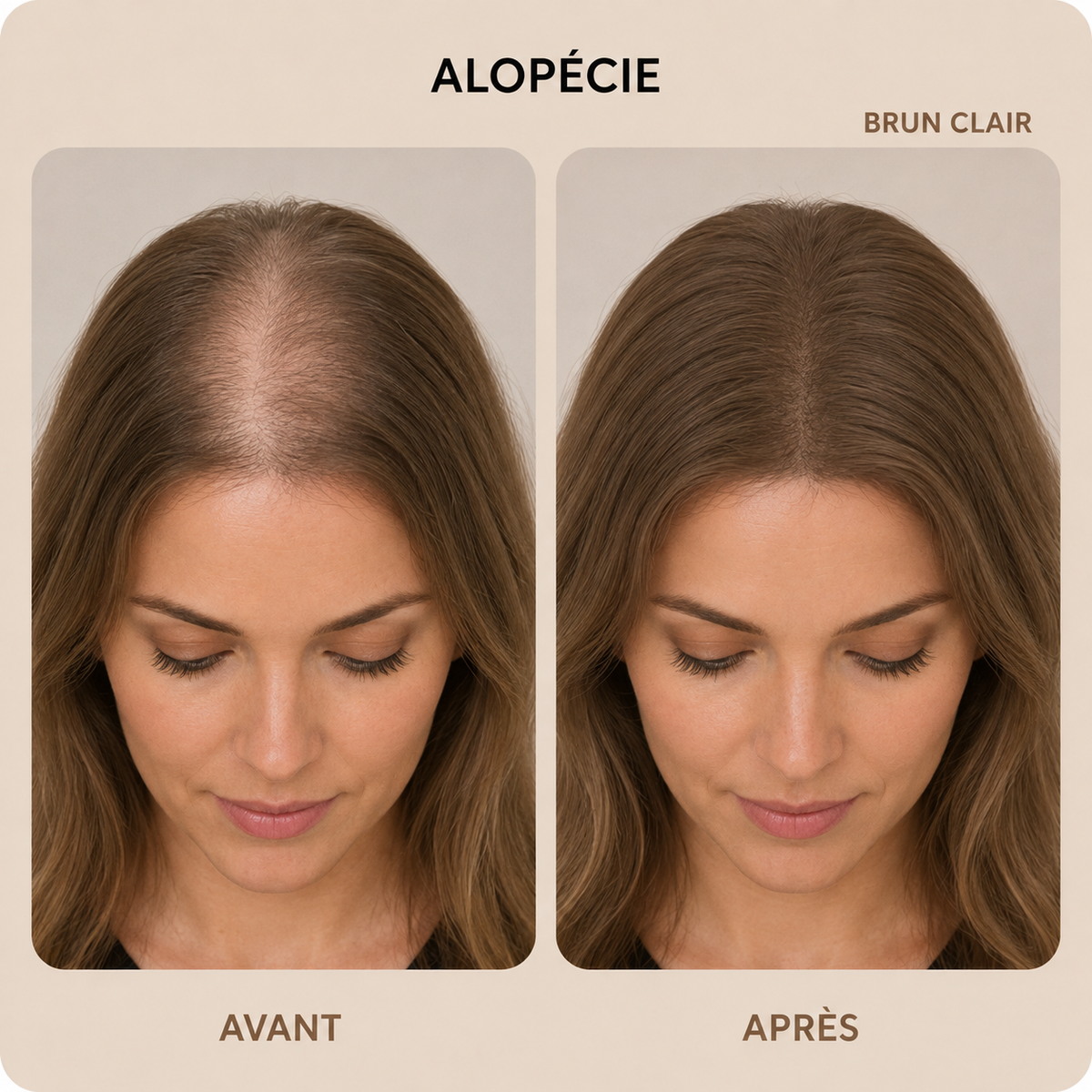 Avant-après application de la poudre MAYCHEER sur alopécie