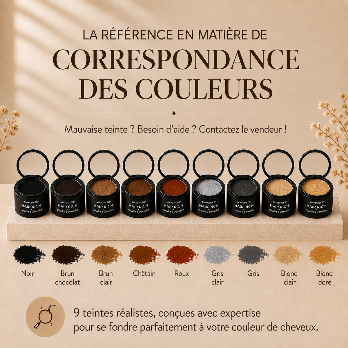 Guide de correspondance des neuf teintes de la poudre densifiante MAYCHEER