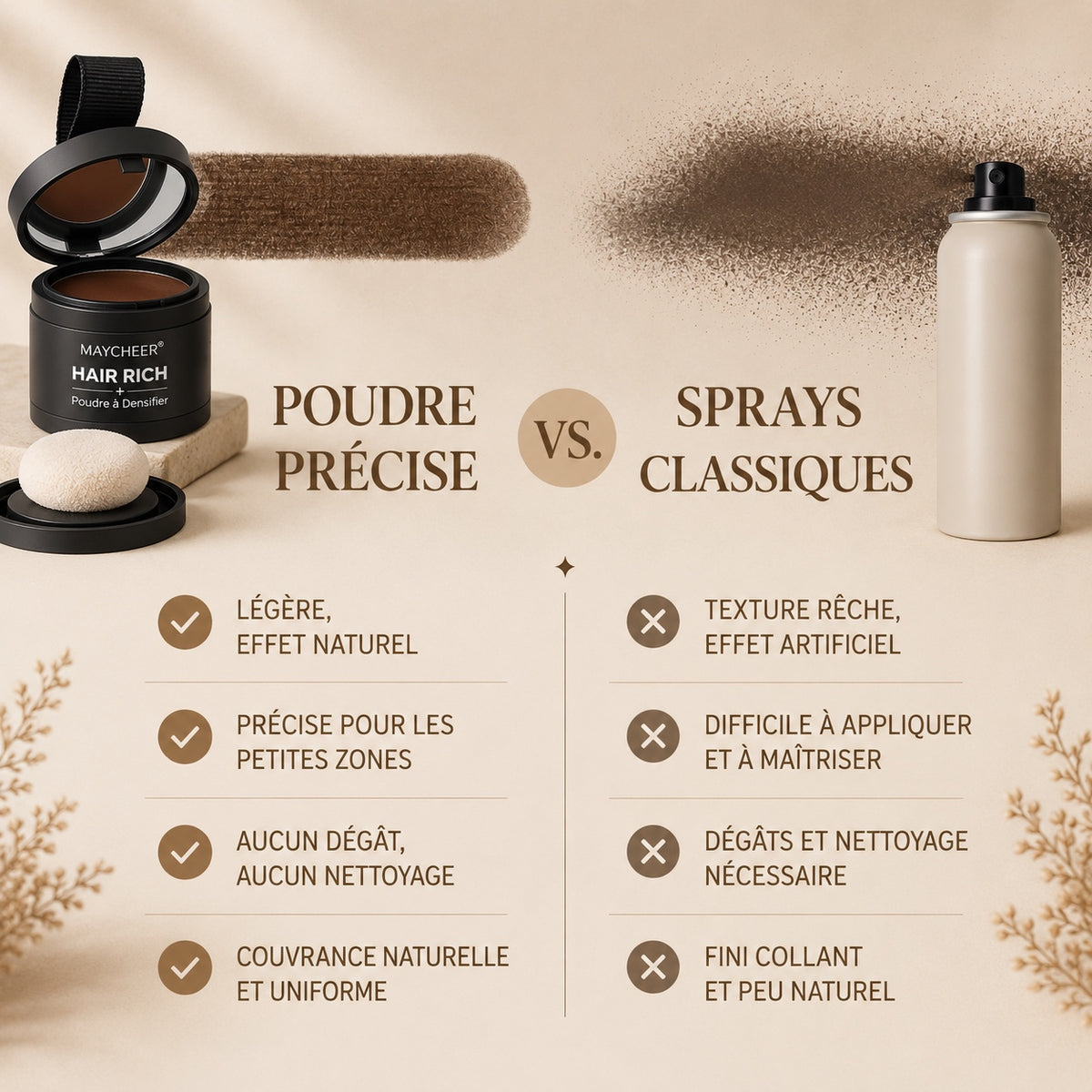 Comparaison entre la poudre densifiante MAYCHEER et un spray couvre-racines