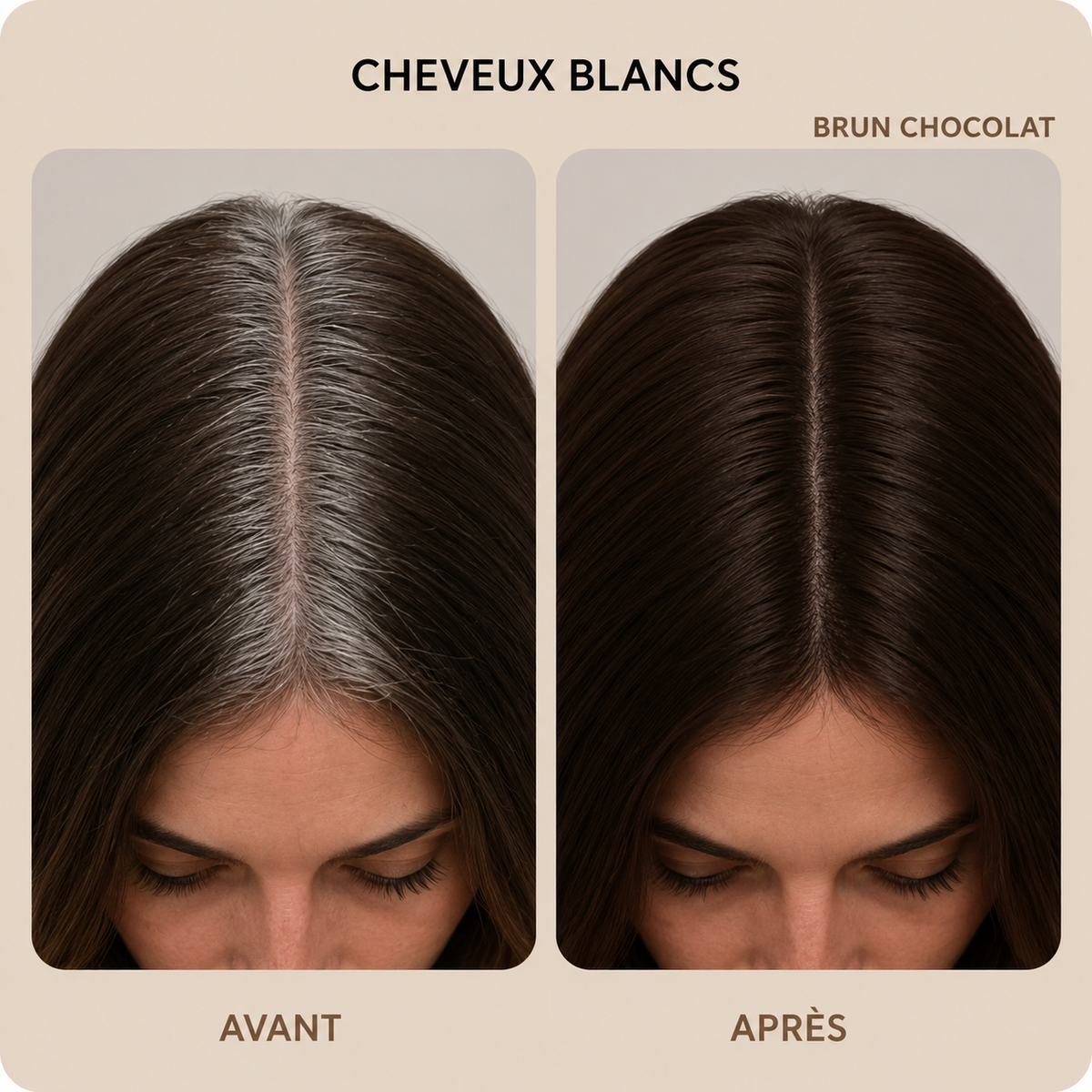 Avant-après de cheveux blancs camouflés avec la poudre MAYCHEER