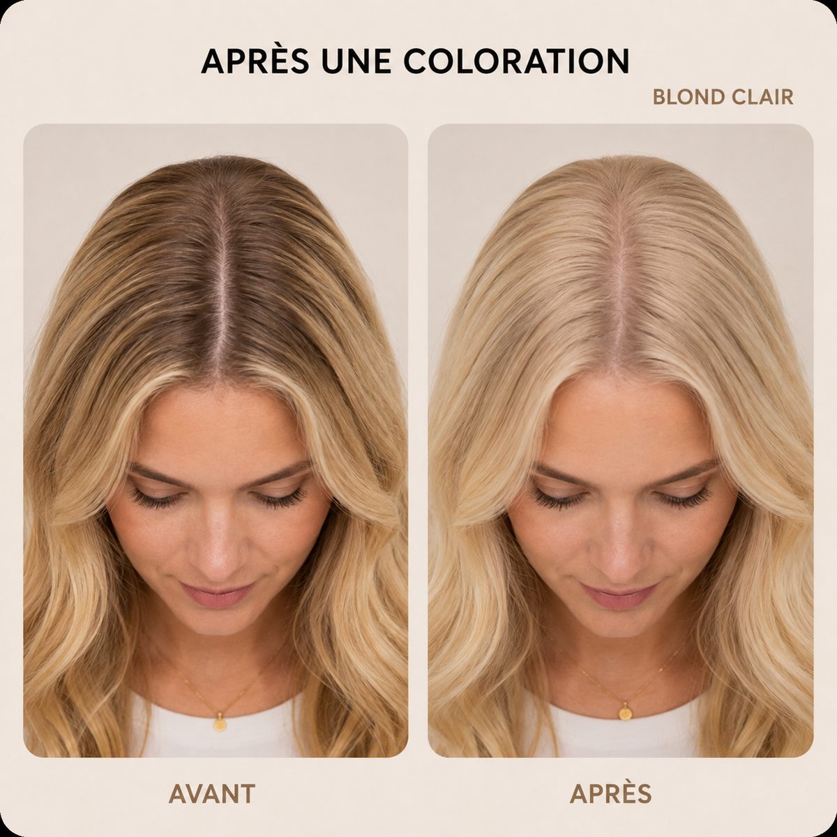 Avant-après de racines brunes camouflées entre deux colorations avec la poudre MAYCHEER