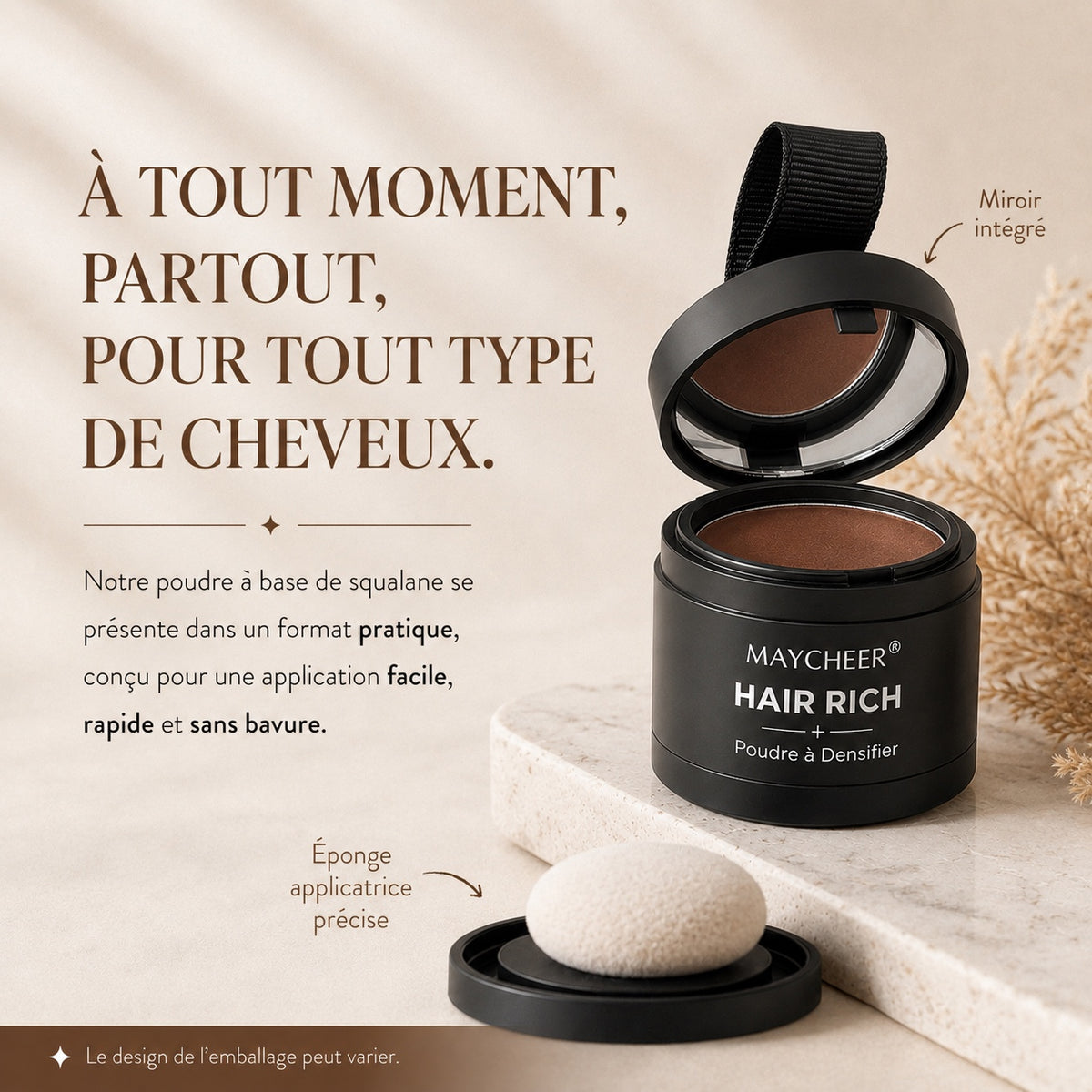 Pot de poudre MAYCHEER ouvert avec miroir intégré et éponge applicatrice